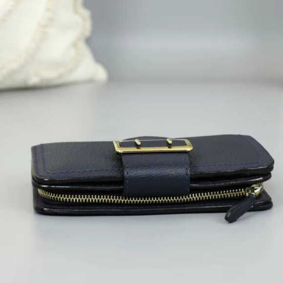 Burberry Navy Blue Leather Buckle Compact Wallet Gold Hardware Auth - Picture 6 of 8